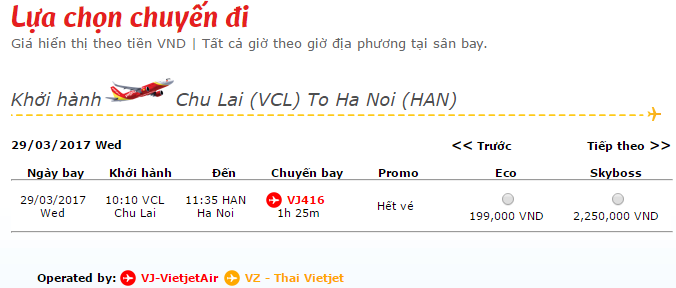 vé máy bay vietjet air Tam Kỳ đi Hà Nội