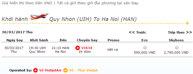 Vé máy bay Vietjet Air giá rẻ Quy Nhơn đi Hà Nội