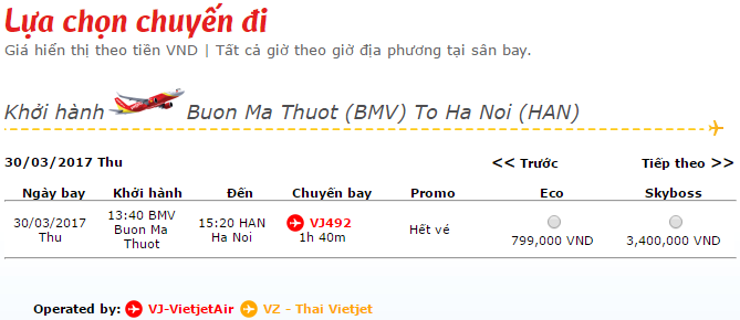 vé máy bay vietjet air Buôn Ma Thuột đi Hà Nội