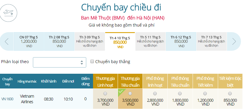 vé máy bay vietnam airlines Buôn Ma Thuột đi Hà Nội