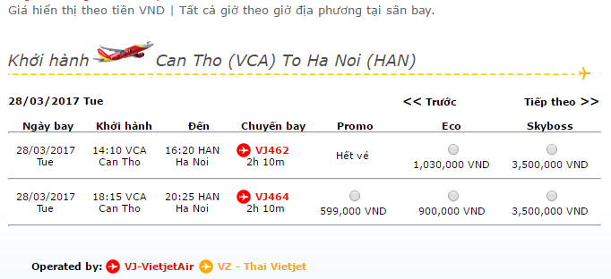 vé máy bay vietjet air Cần Thơ đi Hà Nội