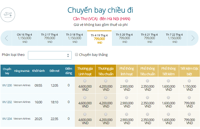 Vé máy bay Vietnam Airlines Cần Thơ Đi Hà Nội