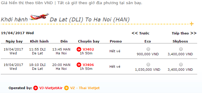 vé máy bay vietjet air Đà Lạt đi Hà Nội