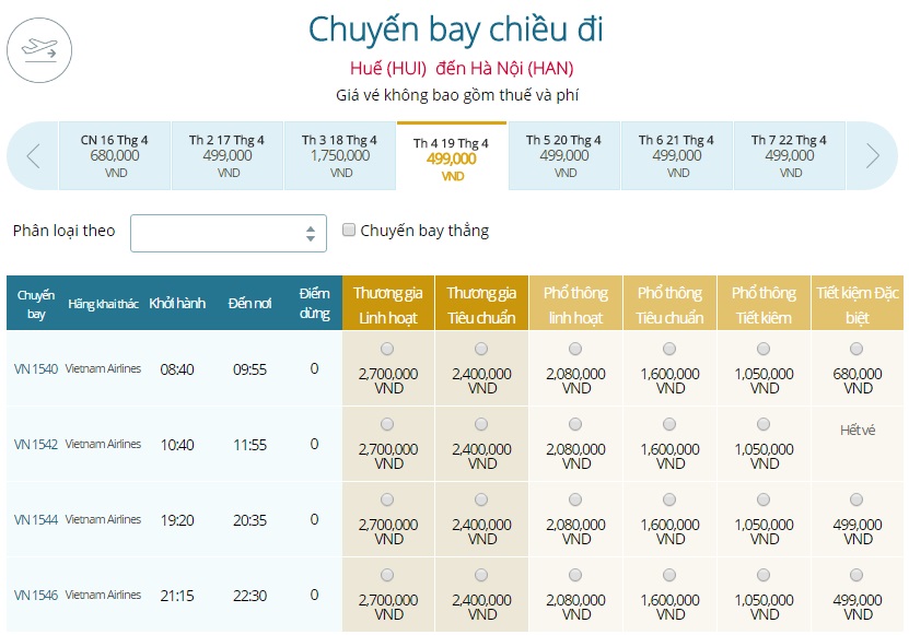 Vé máy bay Vietnam Airlines Huế đi Hà Nội