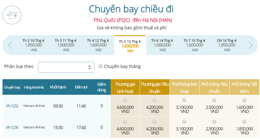 Vé máy bay Vietnam Airlines Phú Quốc Đi Hà Nội