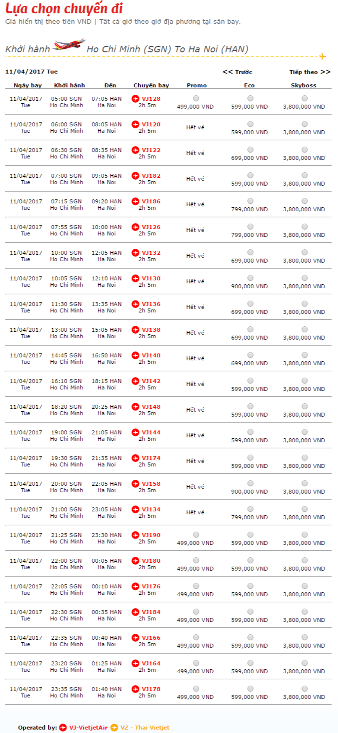Vé máy bay Vietjet Air Hồ Chí Minh đi Hà Nội